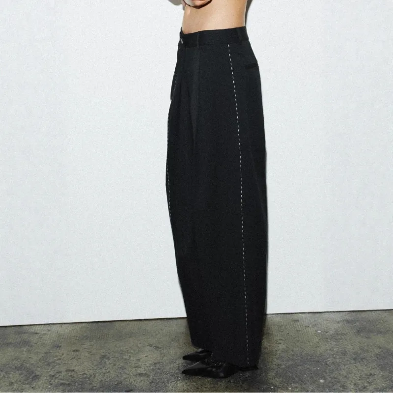 EAEOVNI 스트라이프 여성 투피스 세트 패션 노치드 롱 슬리브 블레이저 코트 롱 팬츠 와이드 레그 트라우저 오피스룩 가을 신상