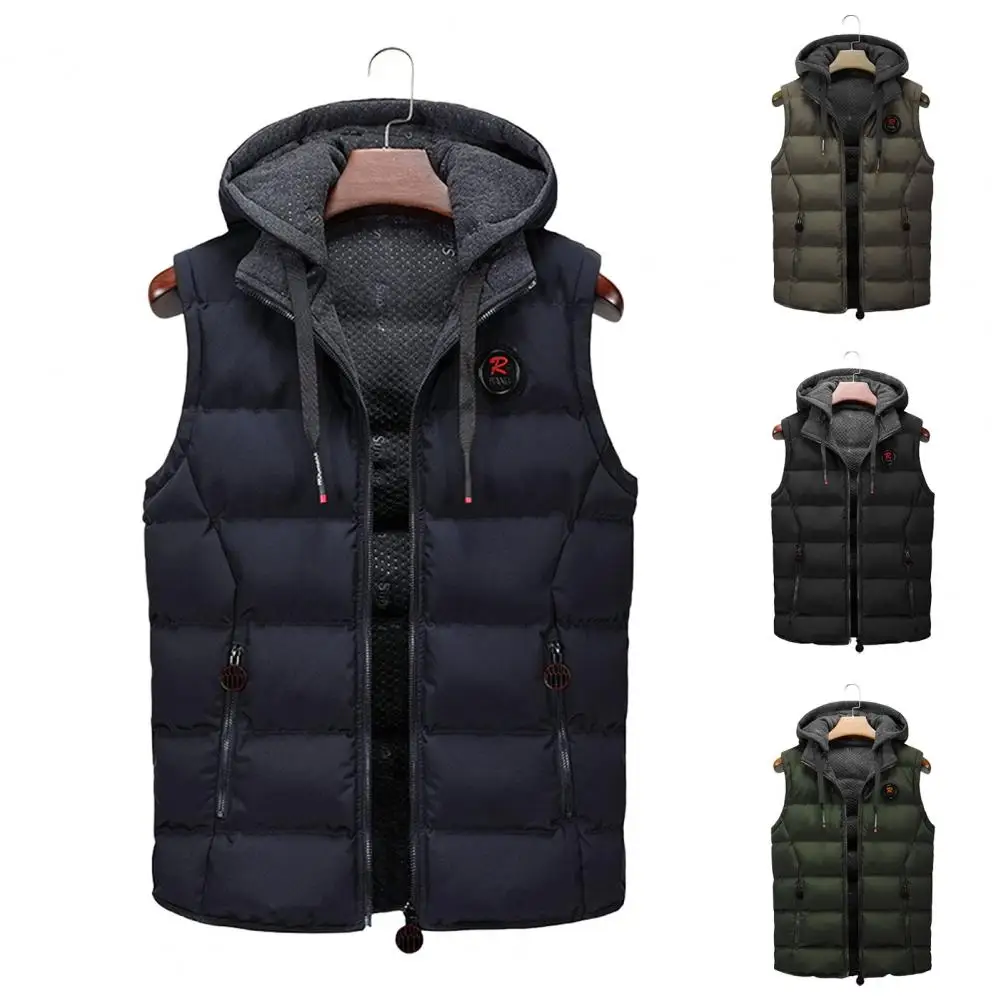 

Men Thickened Vest Coat Men's Hooded Quilted Vest Coat with Pockets Solid Color Zipper Placket Waistcoat for Winter Warmth Style