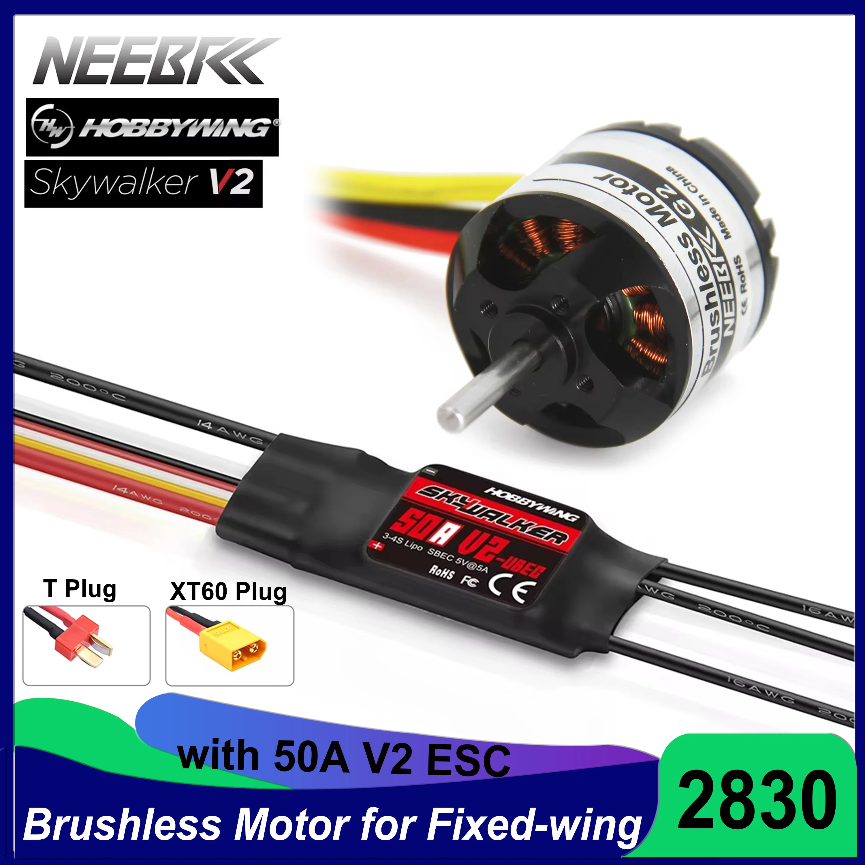 NEEBRC 2830 850KV 1000KV 1300KV RC Brushless Motor Engine w HobbyWing 50A V2 ESC Combo for Fixed-wing FPV Racing Drone Plane