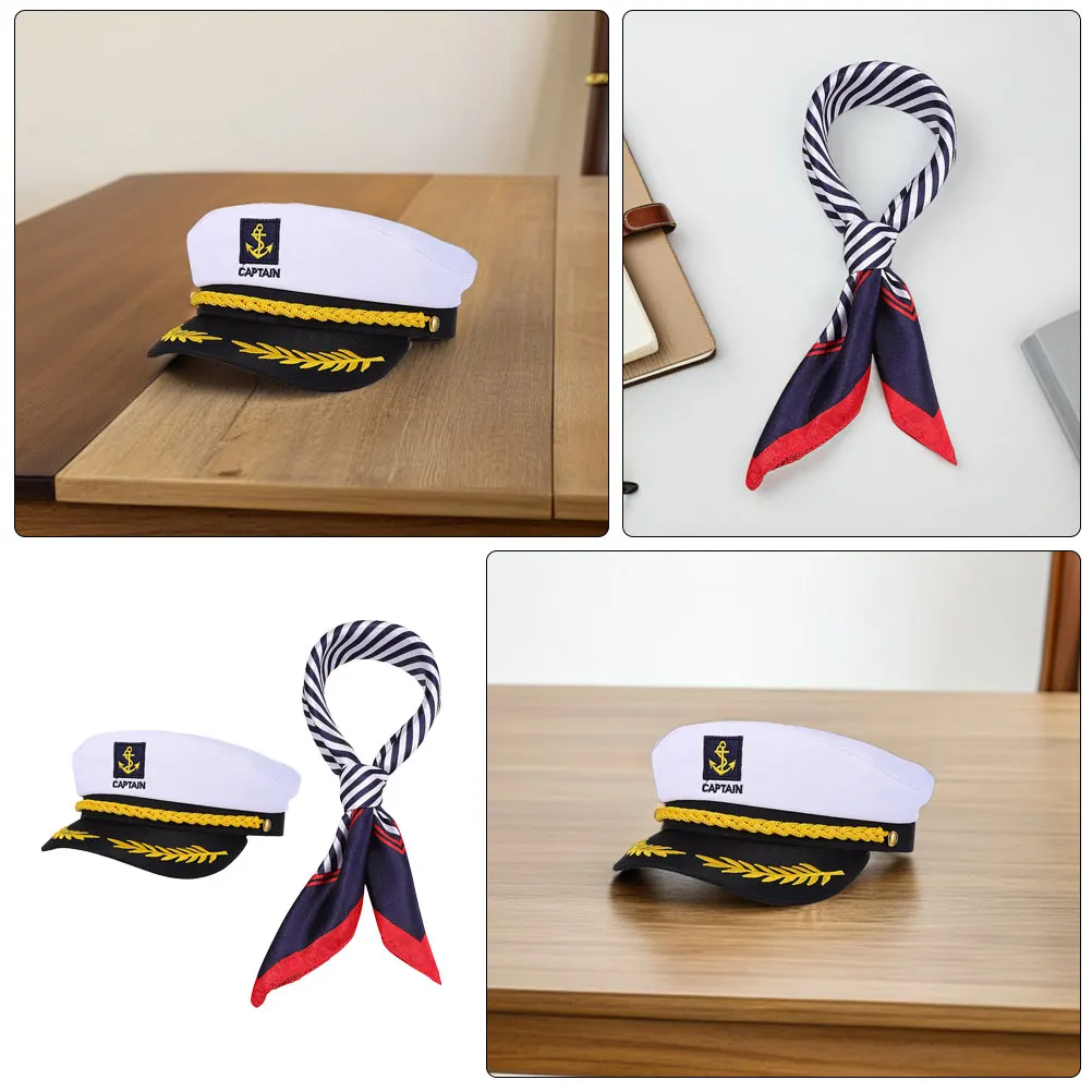 1Set Sailor Captain Hat Scarf Set Classic Nautical Costume for Men Women Yacht Captain Hat Party Accessories Sailor Neck Scarf