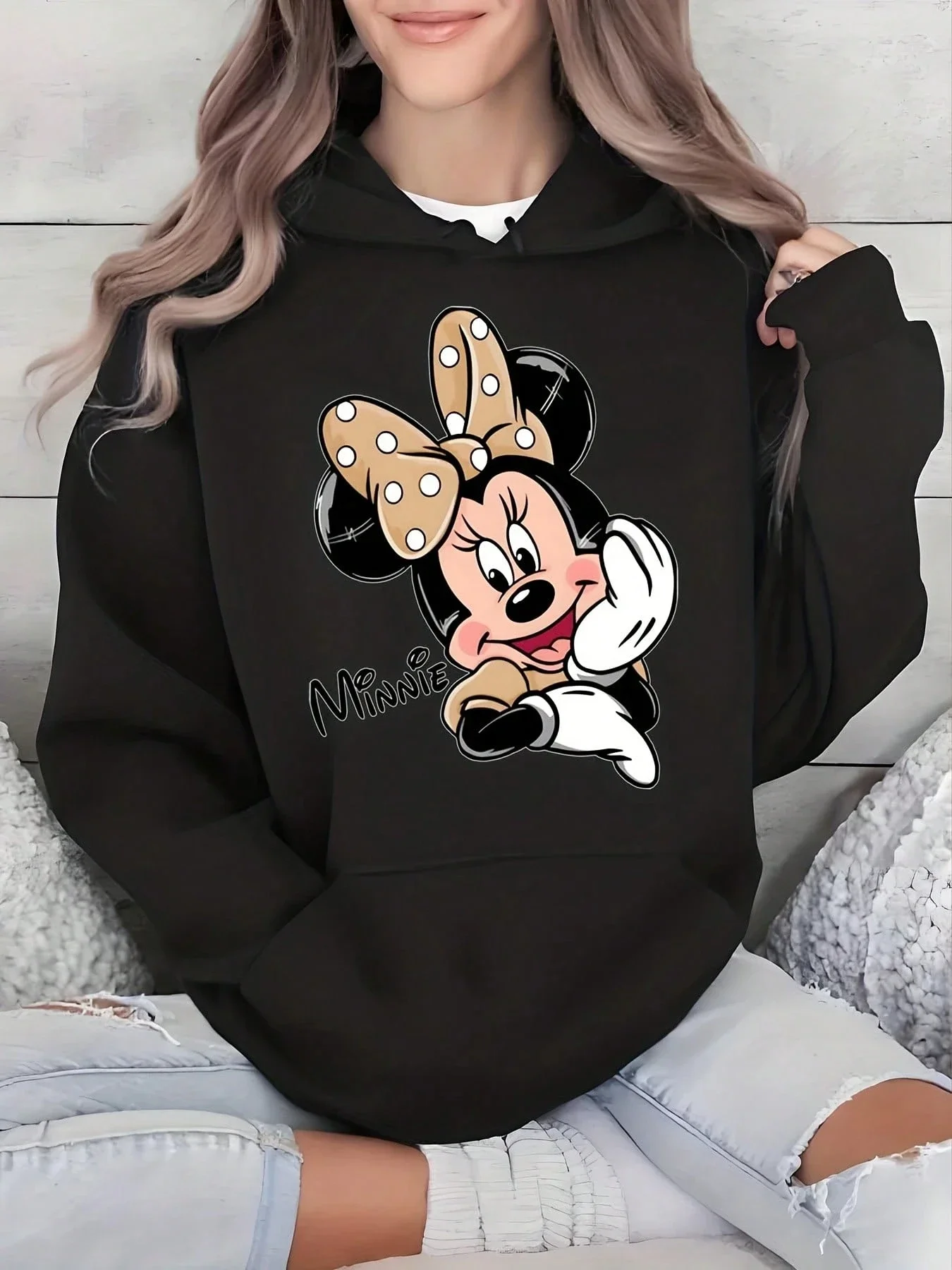 

Женская толстовка с капюшоном Disney Minnie Mouse, унисекс, осенне-зимняя флисовая толстовка с капюшоном для повседневного использования на открытом воздухе, на любой случай