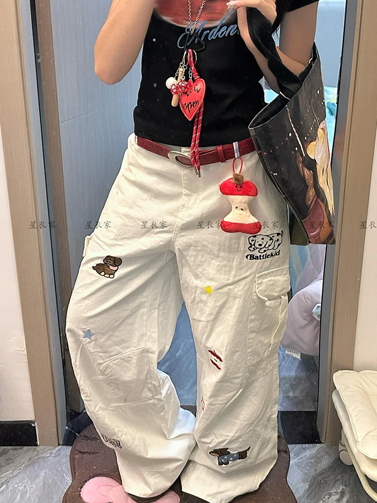 Amerikanischen stil würzige mädchen design breite beine lose cartoon hund karierten jeans frauen sommer neue gerade bein bodenlangen hosen