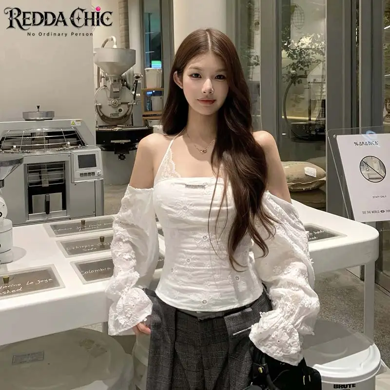 ReddaChic Off Shoulder White Shirt for Women Coauette Floral Embroidered Elastic Back Long Sleeve Halter Top Lounge Fall Clothes