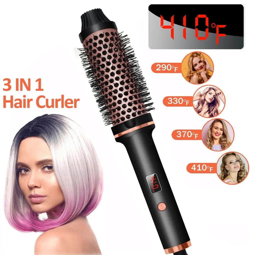 3 IN 1 Thermal Brush Ceramic LCD Display 1.5 Inch Curling Iron Brush 5 Temperature Settings Heated Round Brush