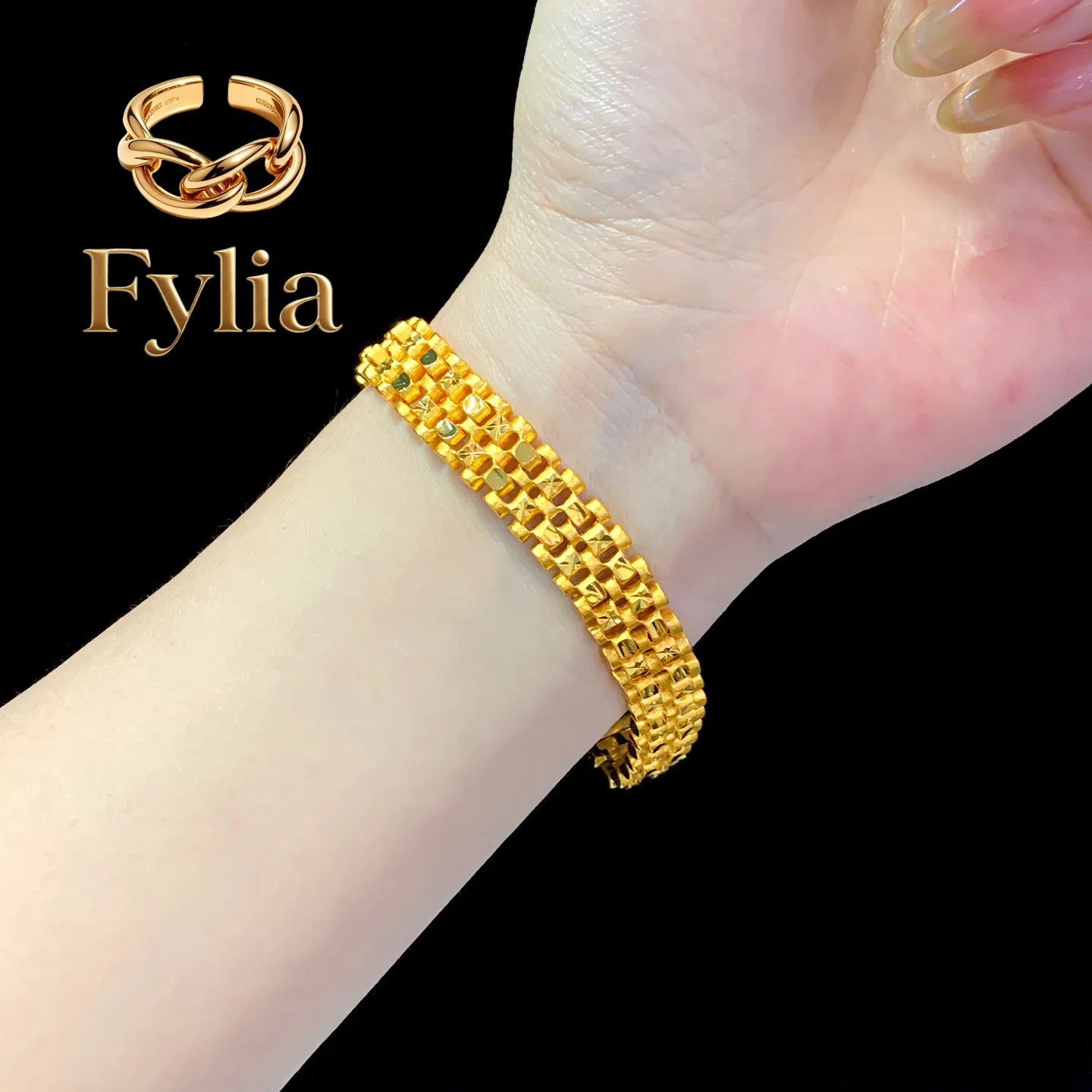 Fylia Jewelry   New 24K real gold wide face men's bracelet, fashionable and elegant boss chain 9999 men's bracelet, versatile st
