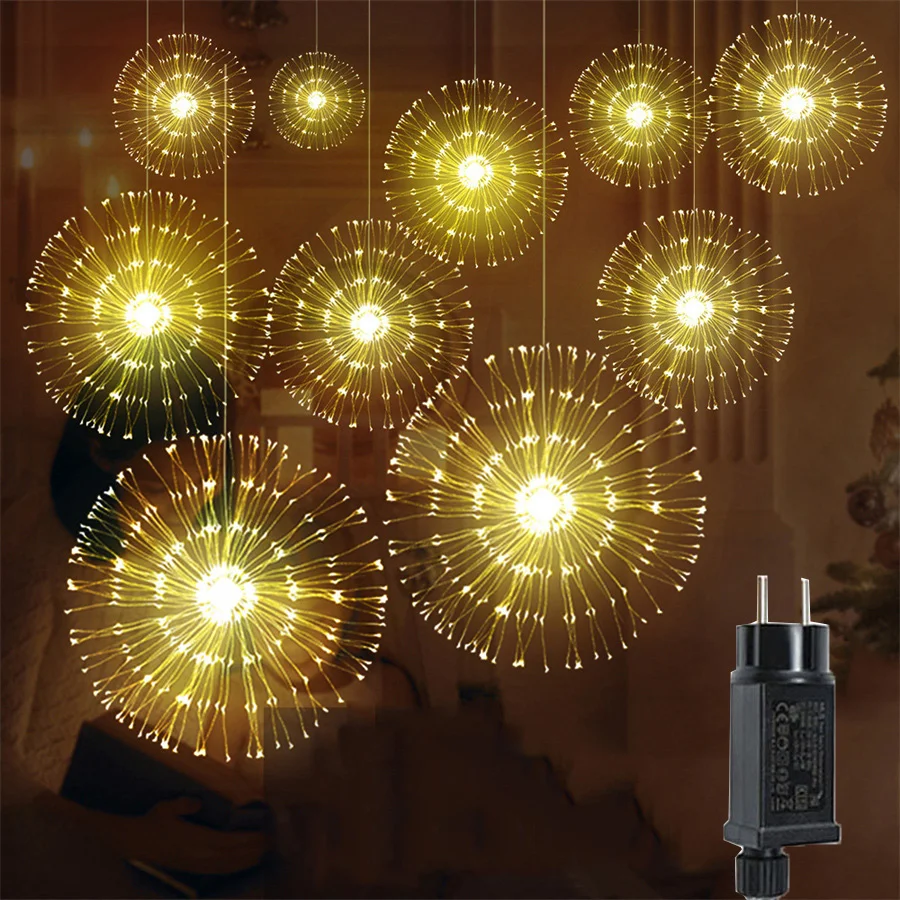 

600/1200 Christmas Garland LED Fireworks Light Outdoor Hanging Starburst Lights Plug in Firework Sphere Light for Garden Decor