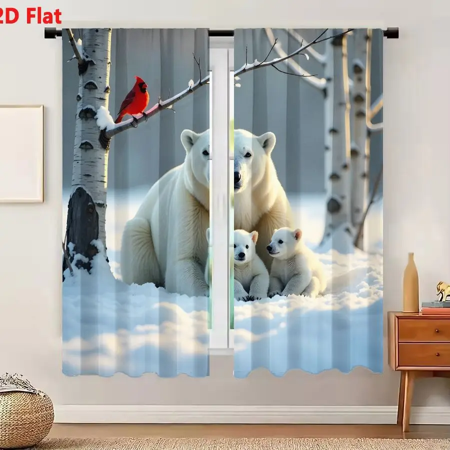 2Pcs Curtains 2D Flat Serene Winter Snowy Forest Scene With Adult And Cubs Polar Bears And Red Cardinal Bird On Birch Tree Windo