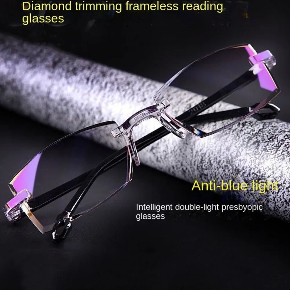 Strength: 1.0~4.0x Reading Glasses Rectangle PC Blue Light Blocking Glasses Multifocal Diamond-cut Bifocal Rimless Eyeglasses