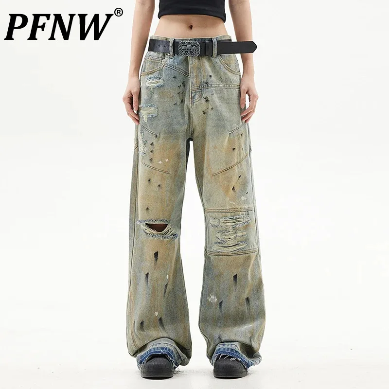 

PFNW High Street Male Jeans Summer Hole Paint Printhing Worn-out Male Denim Pants Wide Leg Casual Bottom Contrast Color 28W3438