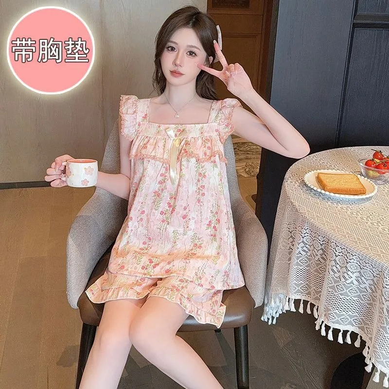 

Ruffle Pajamas with Chest Pads Summer Sweet Floral Fly Sleeves Suspender Shorts Loungewear Set Can Be Worn Outside Home Clothes