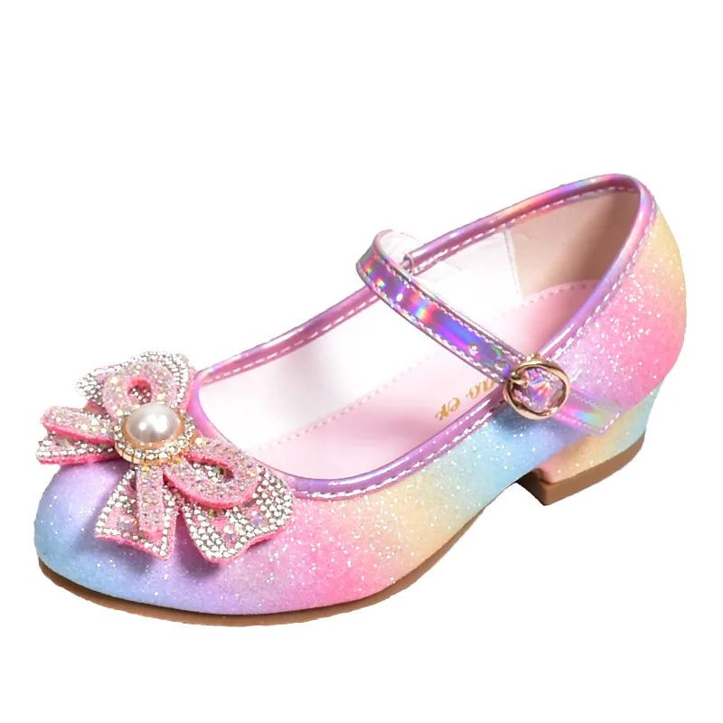 Zapatos de princesa de cuero para niñas, zapatos para niños con punta redonda y suela suave, zapatos de baile de fiesta de cristal de princesa de tacón alto, 2024