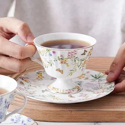 Retro Blue Pink Rose Cafe Cup Bone China Painted Flower Coffee Cup and Plate Ceramic Office Afternoon Tea Mug with Saucer
