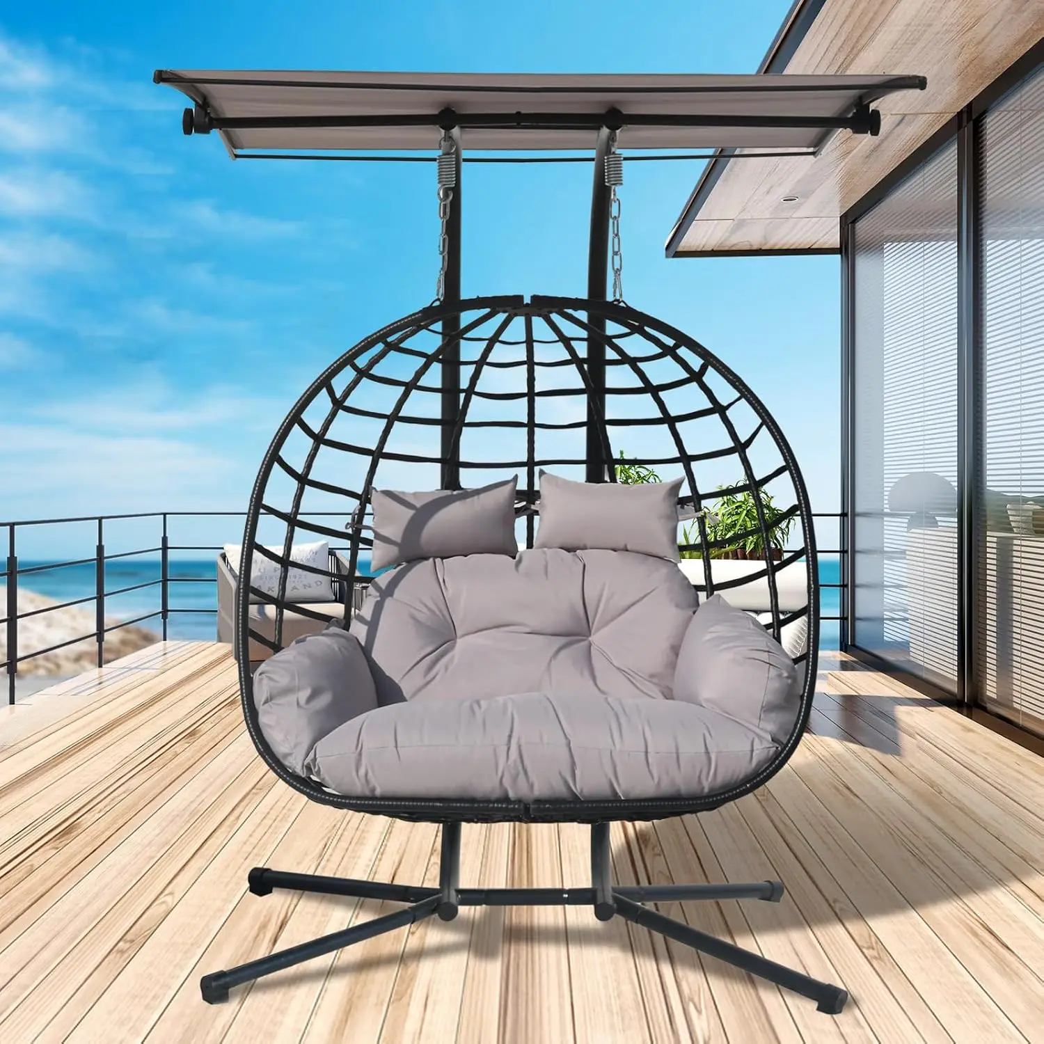 2 Person Hanging Egg Chair With Awning, Outdoor Rattan Swing Hammock Basket Chair With Cushion, Wicker Egg Chair For Indoor