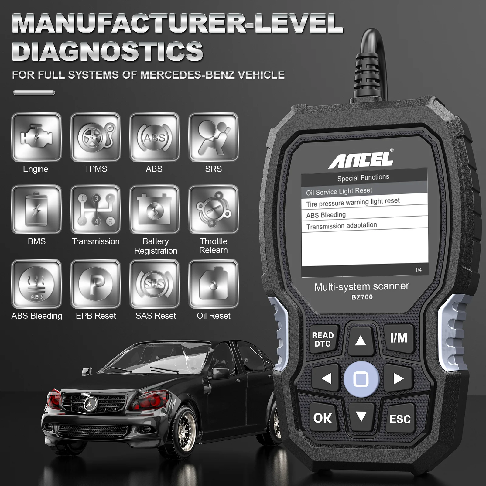 ANCEL-BZ700 Profissional OBD2 Scanner para Mercedes Benz, Car Code Reader, ABS, SRS, SAS, TPMS, Reset Scan Tool, Motor Ferramenta de Diagnóstico