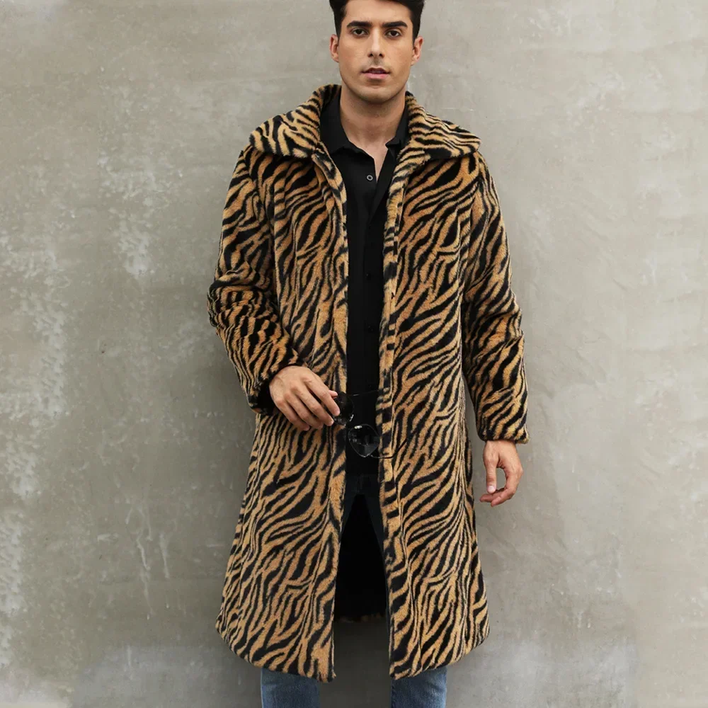 Men Faux Fox Fur Jacket Coat Winter Zebra-stripe Thick Fluffy Warm Shaggy Outerwear Luxury Fur Long Jacket Bontjas Jackets Mens