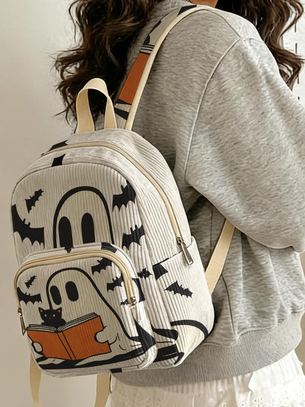 Halloween Ghost Bat & Black Cat Print Women Fashion Backpack Corduroy Multi-pocket Large Capacity Commuter Bag