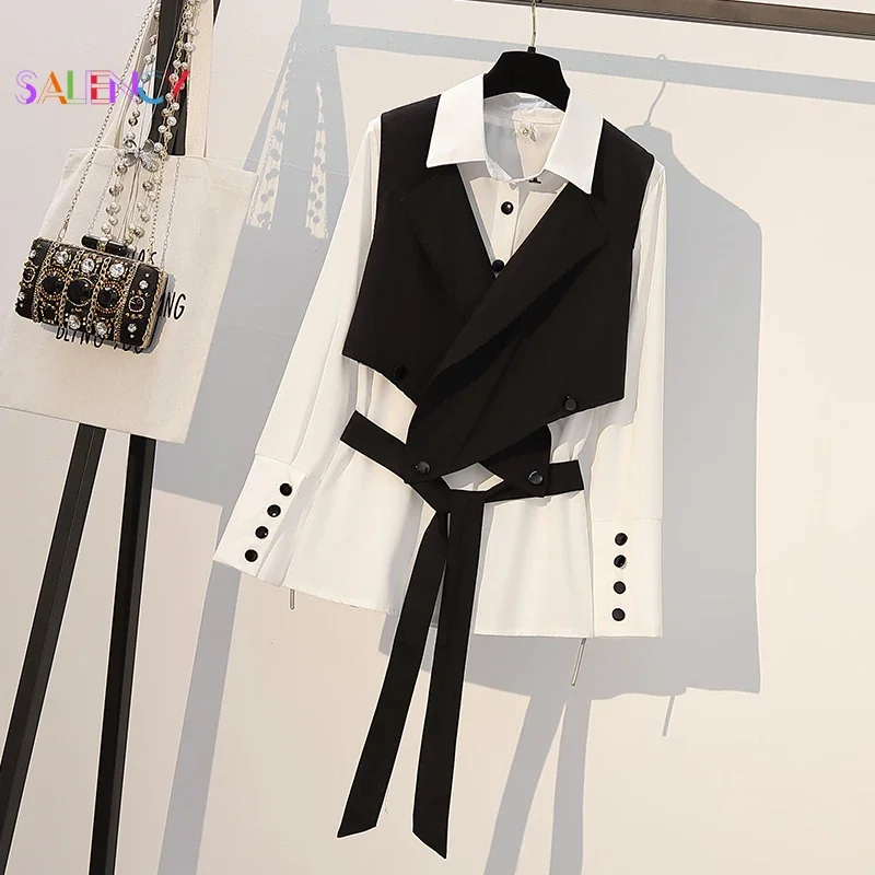 Saliency Women Blouses Fashion Black White Contrast Color Buttoned  Shirt Cross Strap Short Vest 2 Piece Suit