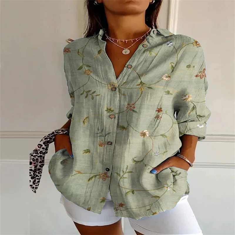 2024 New Women\'s Long Shirt 3D Digital Printing Women\'s Casual Drop Shoulder Sleeve Shirt Retro Floral Shirt Top