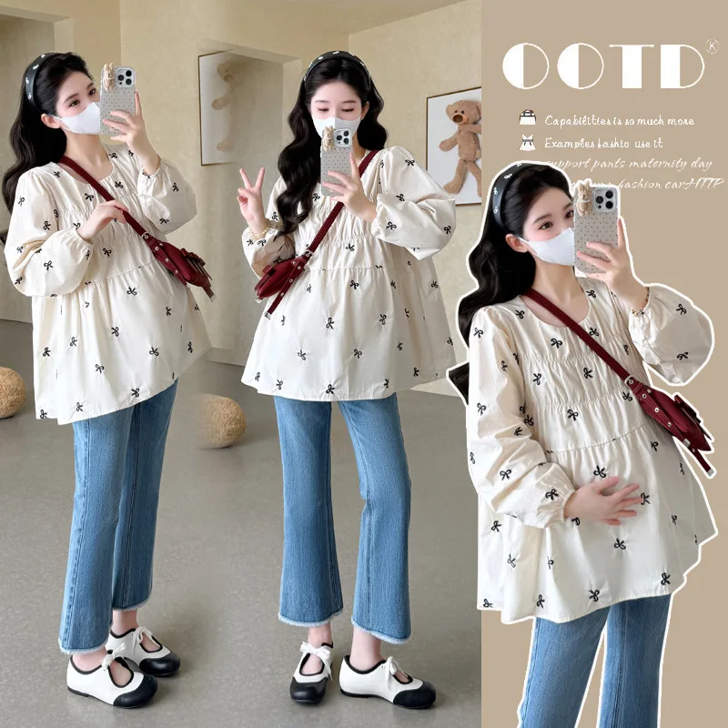 

2025 Comfortable Cotton Pregnancy Blouse Autumn Floral Embroidered Peplum Top Loose Comfortable Plus Size Chic Maternity Shirt