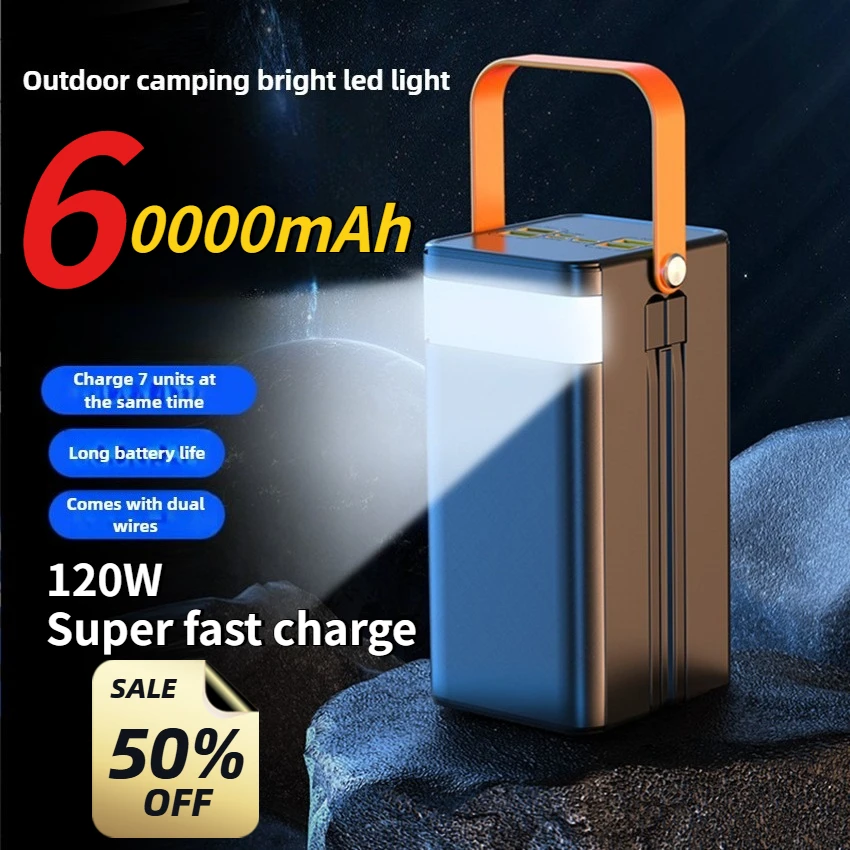 

Large Capacity 60000mAh 120W Mobile Power Supply Comes with Dual-line Outdoor Camping Light Power Bank Suitable for IPhoneXiaomi