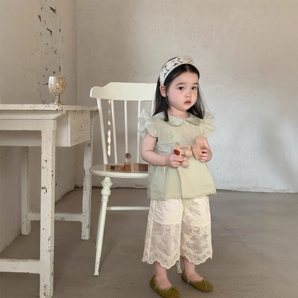 

Sweet Summer Infant Toddler Set Embroidered Fly-Sleeved Top Lace Straight-Leg Pants Two-Piece Outfit for Babies Girls