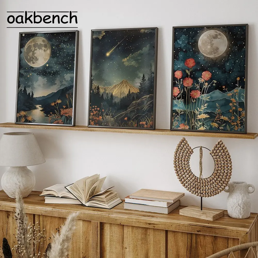 Mountains Forest Art Poster Flowers Moon Stars Canvas Print Vintage Nature Wall Art Living Room Bedroom Home Decor No Frame
