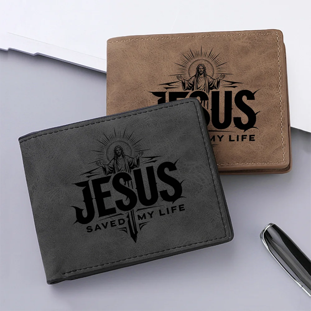 Men's Fashionable Short Wallet, with Personalized Design Featuring the Image of Jesus, and Multiple Card Slots.