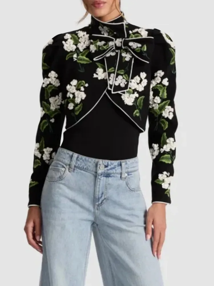 

Women's Fashion Floral Printed Bowknot Design High Neck Cropped Jackets Long Sleeves Loose Fit Elegant Party Evening Coats