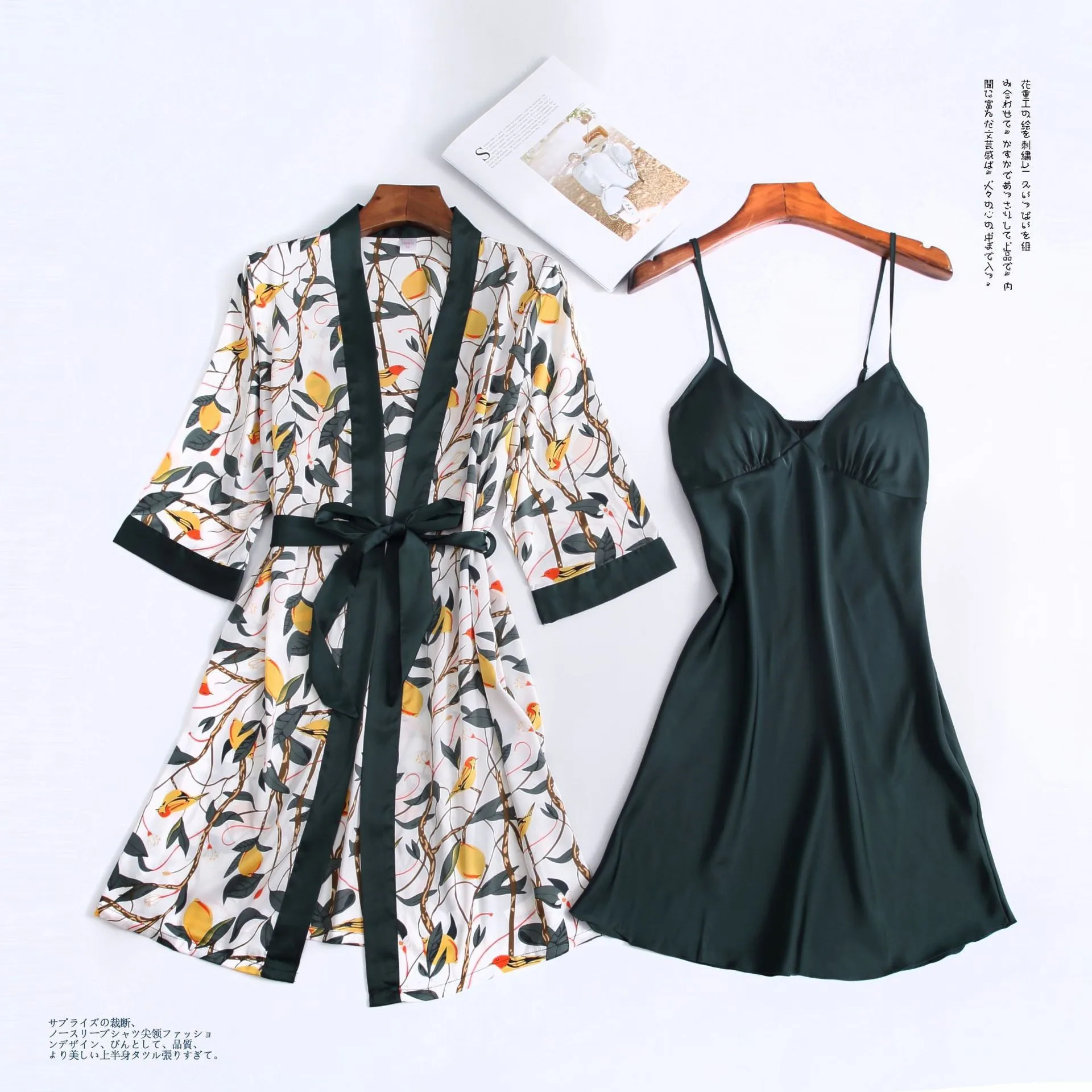 Sexy Ice Silk Sleep Dress Nightgown Printing Flowers Cardigan Kimono 2Pcs Sleep Suit Robe V Neck Homedress Home Clothing