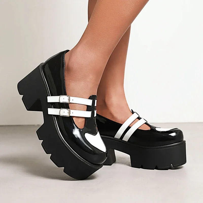 

Zapatos De Mujer Women Patent Leather Fashion Color Block Buckle Strap Round Toe Thick High Heels Party Platform Shoes H-10