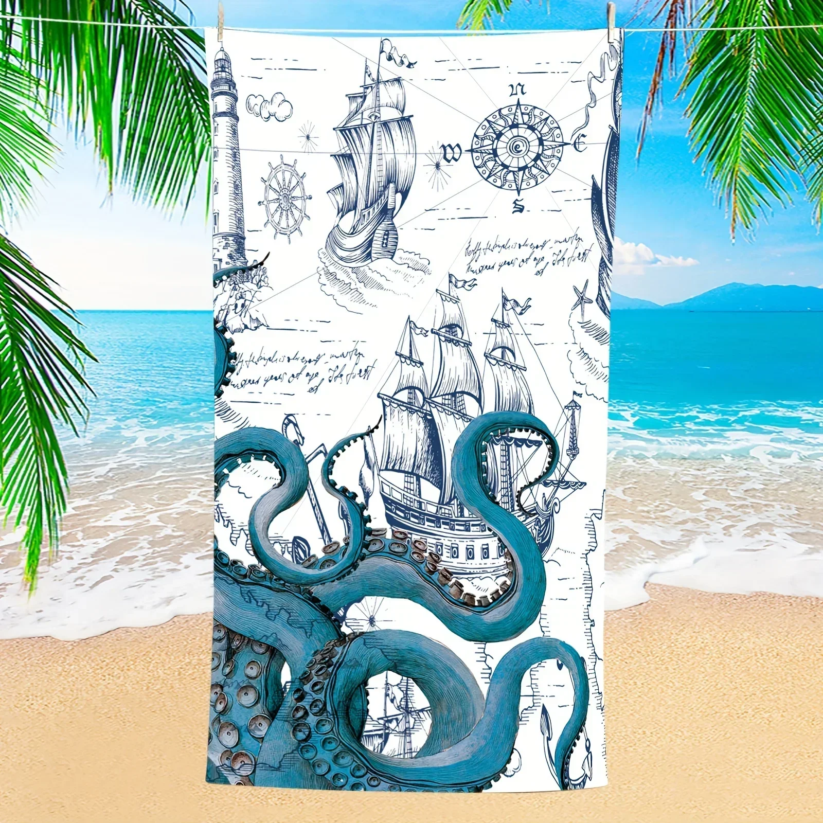 1pc Blue Octopus Pattern Luxury Beach Towel - Ultra Fine, Oversized, Super Absorbent & Quick-Drying - Perfect for Travel