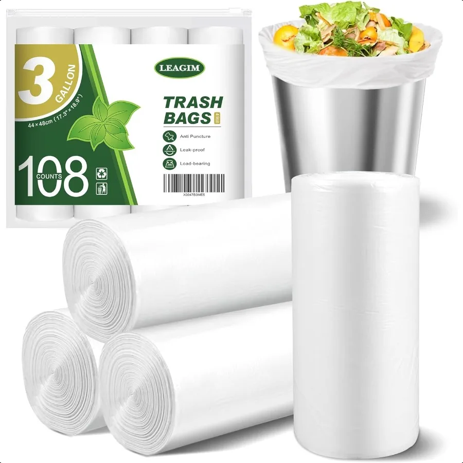 Bolsas de basura pequeñas de 3 galones, bolsas de basura de 108 unidades, Mini revestimientos de bote de basura para baño, aptos para 1013 litros, transparentes