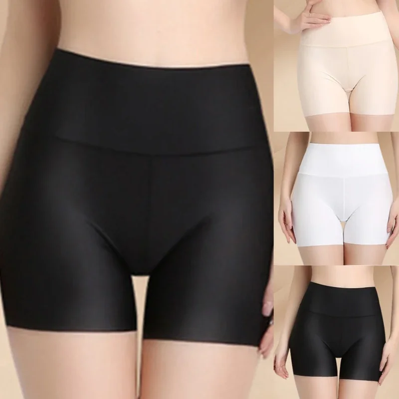 Bragas de cintura alta para mujer, pantalones cortos de seguridad, ropa interior antiexposición, pantalones de corsé M L XL, piel negra, seda de hielo blanca sin rastro