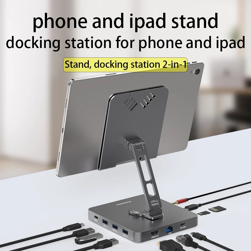 

Folding charging tablet stand for phone with HDMI 4K 60HZ RJ45 1000M PD 100W multi USB-C HUB ipad pro docking station hd Dock