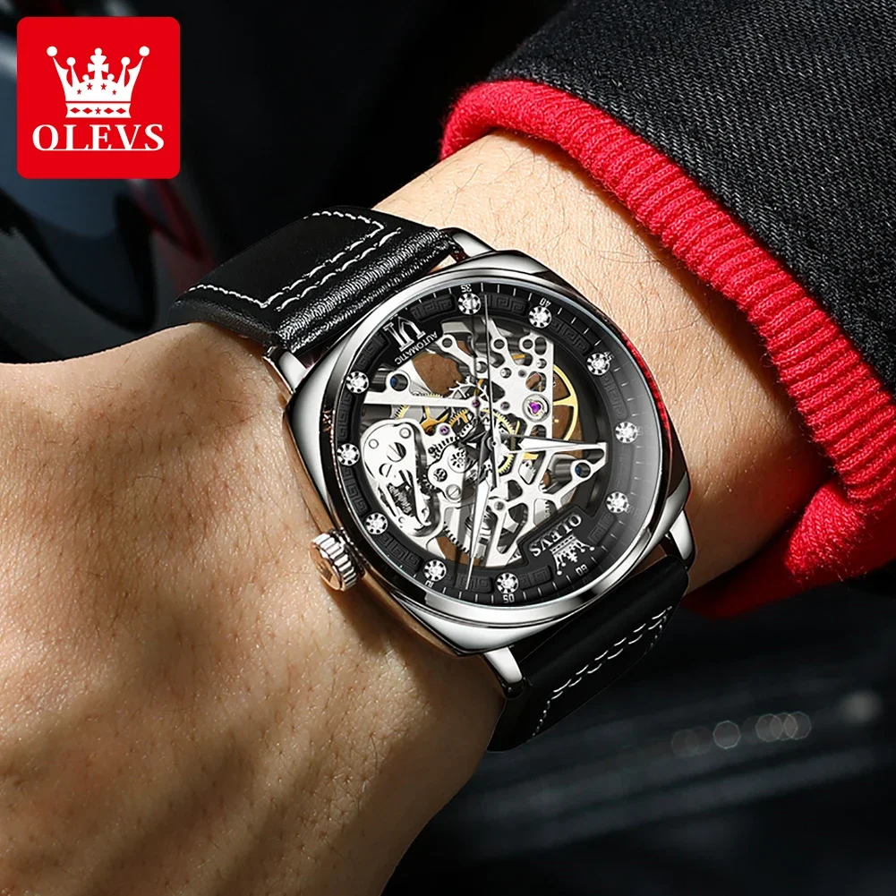 OLEVS-Reloj mecánico automático para Hombre, pulsera con correa de cuero, esfera de esqueleto, resistente al agua, luminosa, de negocios, a la moda