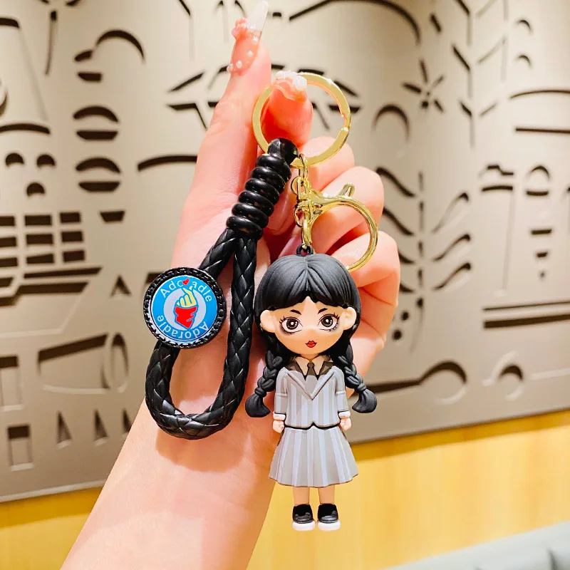 Cute Wednesday Striped Dress Adams Doll Key Chain Trinket Cartoon Play Violin Double Ponytail Girl Car Keychain Bag Pendant Gift