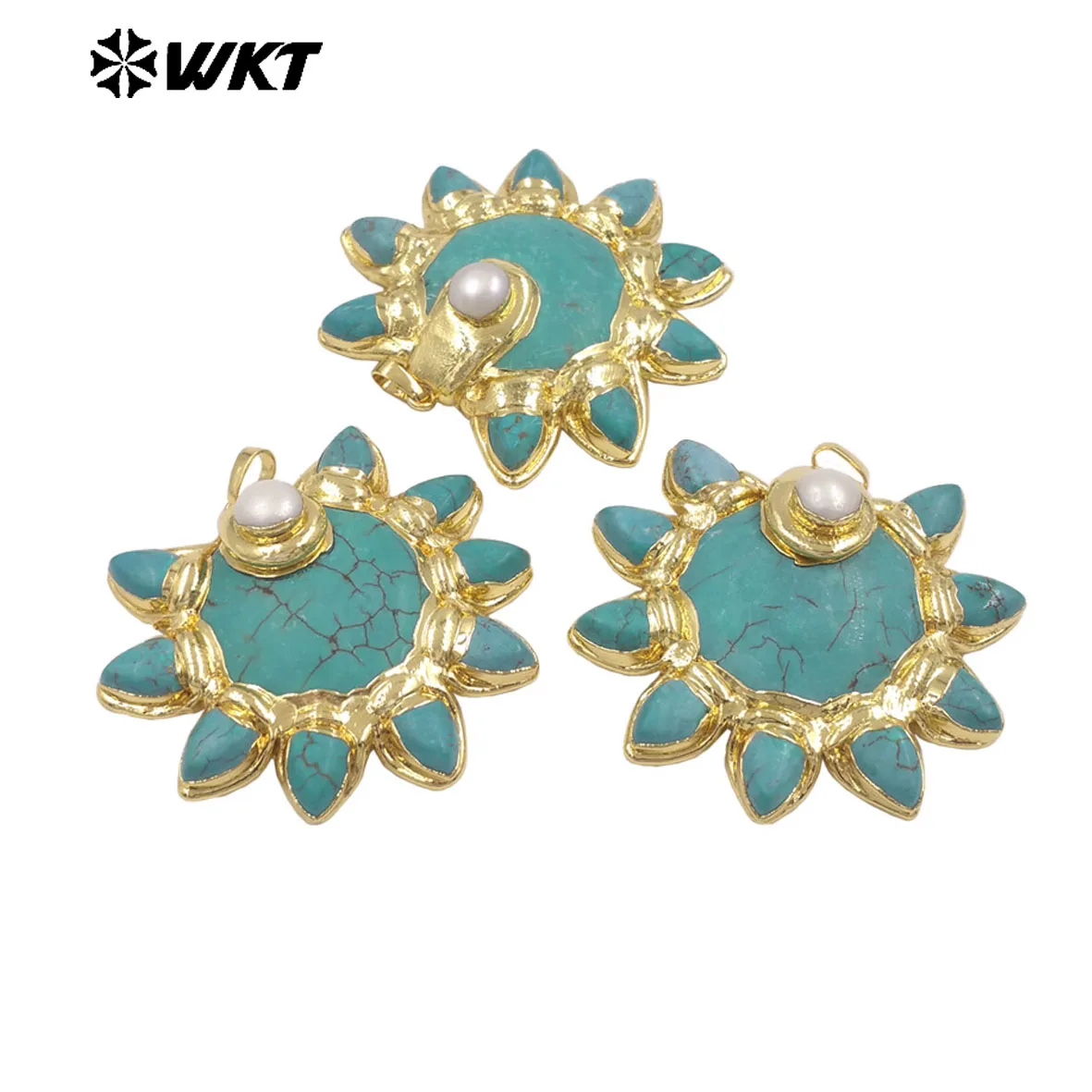 

WT-P2032 Vividly Sunflower Shape Turquois Gemstone And Pearl Paved Pendant For Semi-Finished Jewelry Accessories