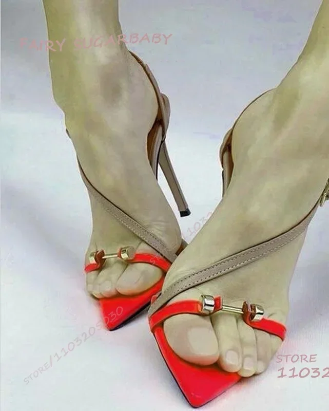 Sepatu Hak Tinggi Wanita Model Slingback Runcing dengan Rivet Logam Merah Aprikot, Sandal Musim Panas untuk Rok, Pesta, dan Santai