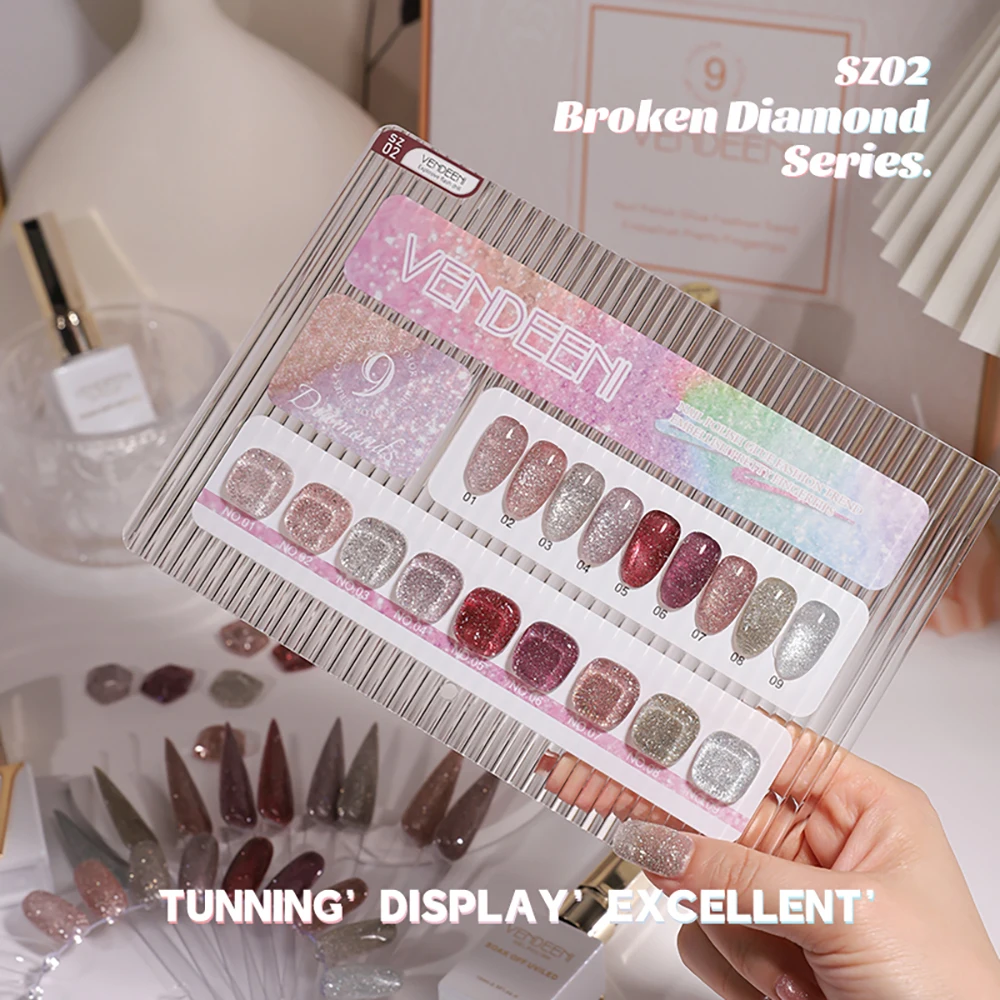 Vendeeni 9 Farben/Set Glitzer-Broken-Diamond-Gel-Nagellack TPO HEMA-FREI Glänzender Sternenhimmel UV-Soak-Off-Gel-Lack mit Display – Detail 5