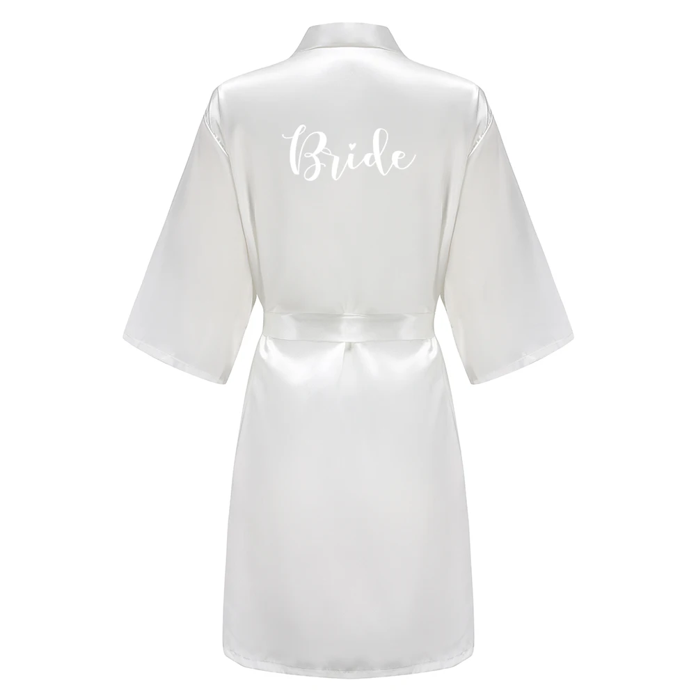 Women's Satin Kimono Robes With White Letter Bride Bridesmaid Short Getting Ready Wedding Dressing Gown