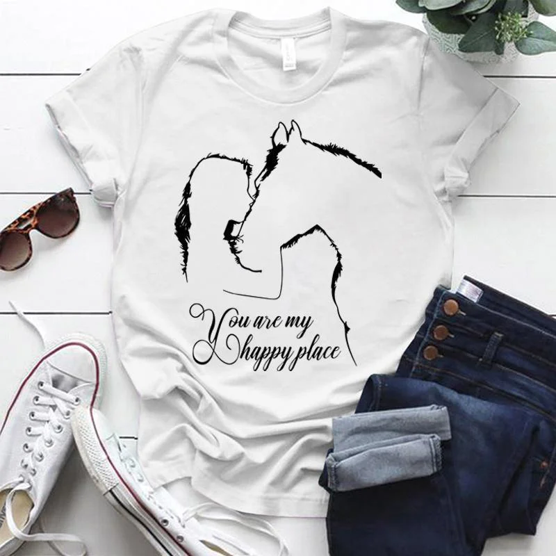 T-shirt manches courtes col rond femme, estival et humoristique, imprimé cheval et fille, You Are My Happy Place