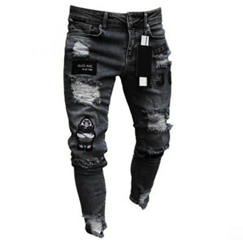 Men Embroidery Cartoon Print Jeans Stretchy Ripped Skinny Biker Destroyed Hole Denim High Quality Slim Hip Hop Jeans Men Black