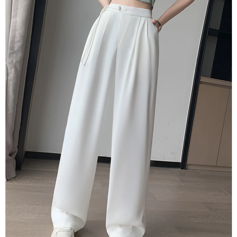 Seoulish High Waist White Suit Wide Leg Women‘s Full Pants Spring Summer Female Elegant Minimalism Straight Loose Trousers 2024