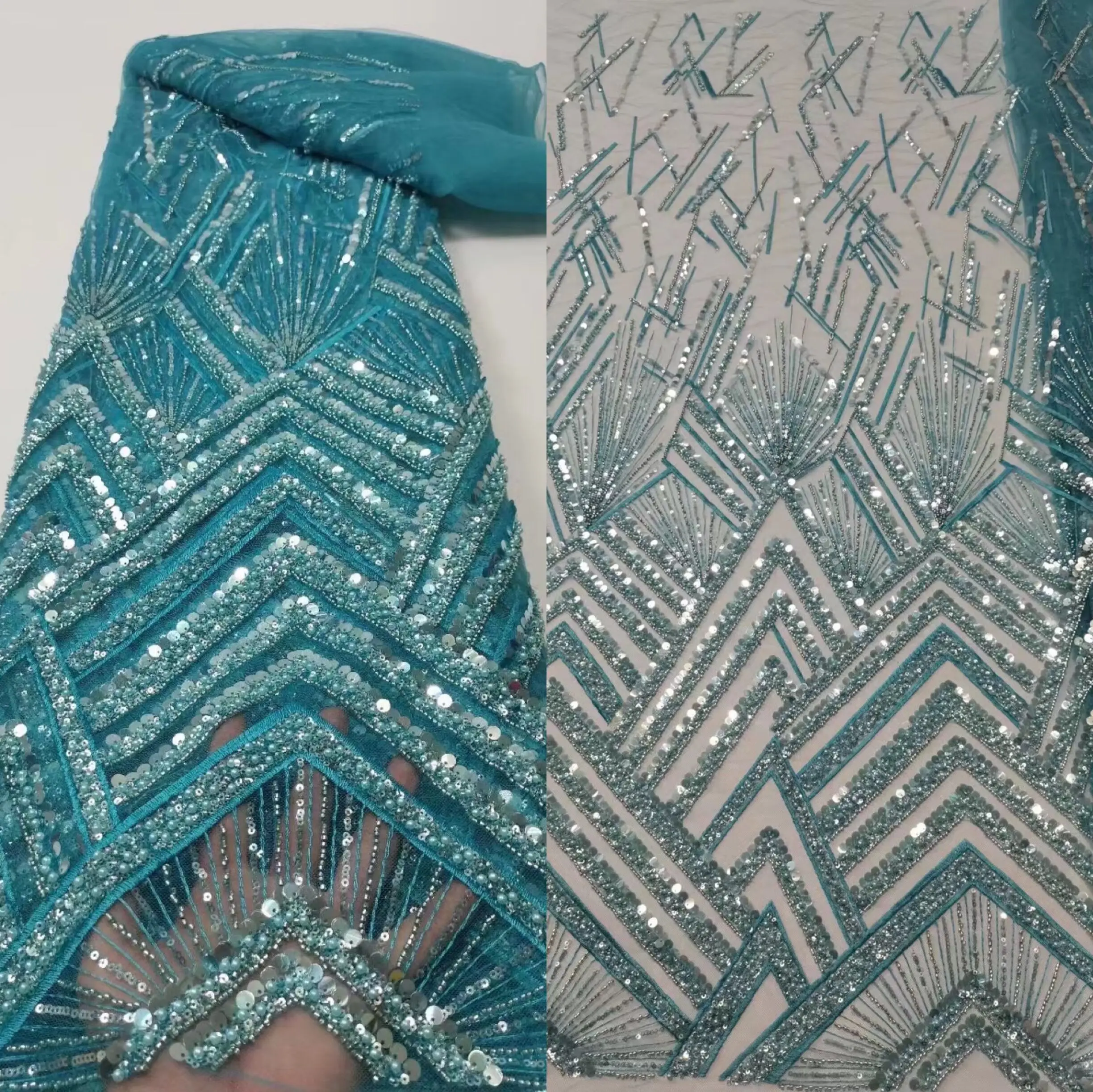 

African Lace Fabric J-12096815 Embroidered Nigerian Laces Fabric High Quality French Tulle Lace Fabric With Sequins and beads