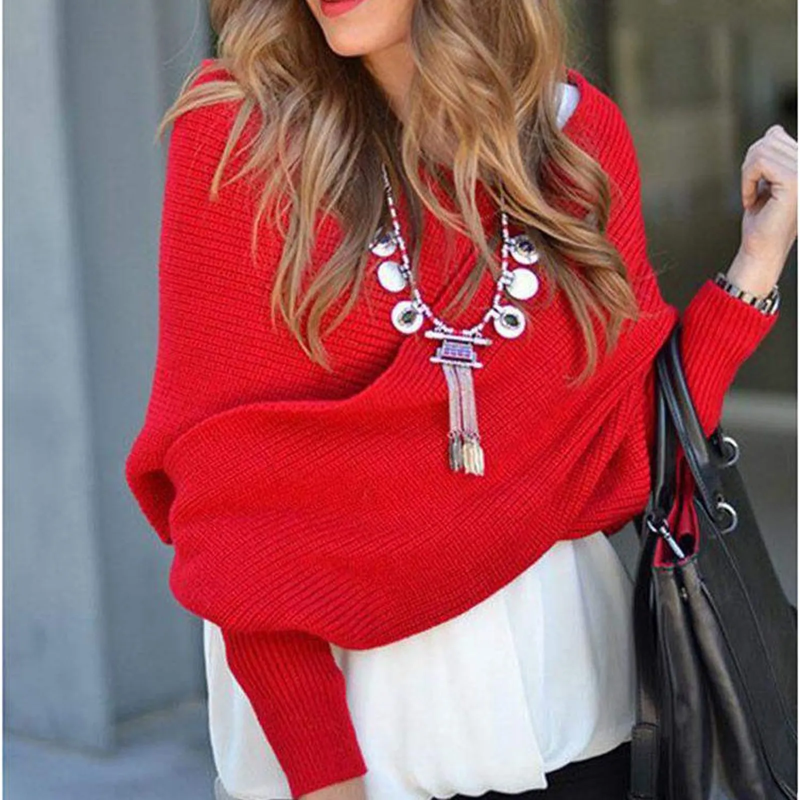 

Sexy Adorable Pullover Sweater Knitted Warm Scarf Shawl Over Sweat Shirts Women Unique Wearing V Shaped Over Off Shoulder Design