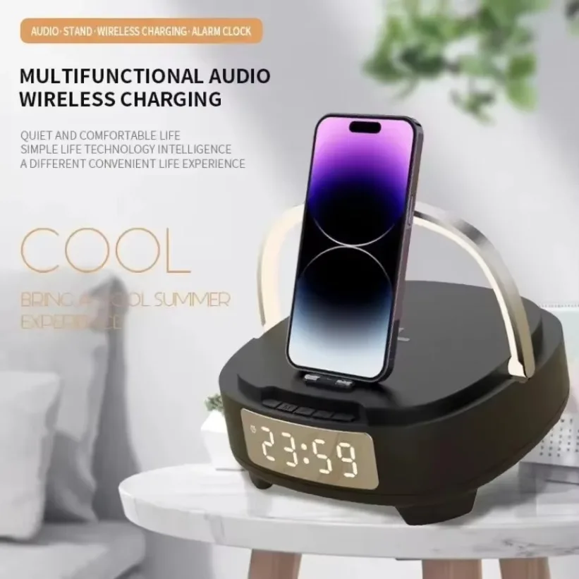 

Multifunctional 15W Wireless Charger Pad Stand Alarm Clock Speaker LED Light for iPhone 16 Samsung Xiaomi Fast Charging Station
