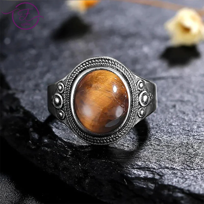 

8*10MM Natural Stone Rings for Women Men Retro S925 Silver Plated Tiger Eye Moonstone Ring Party Gift Luxury Fine Jewelry FCGJHW