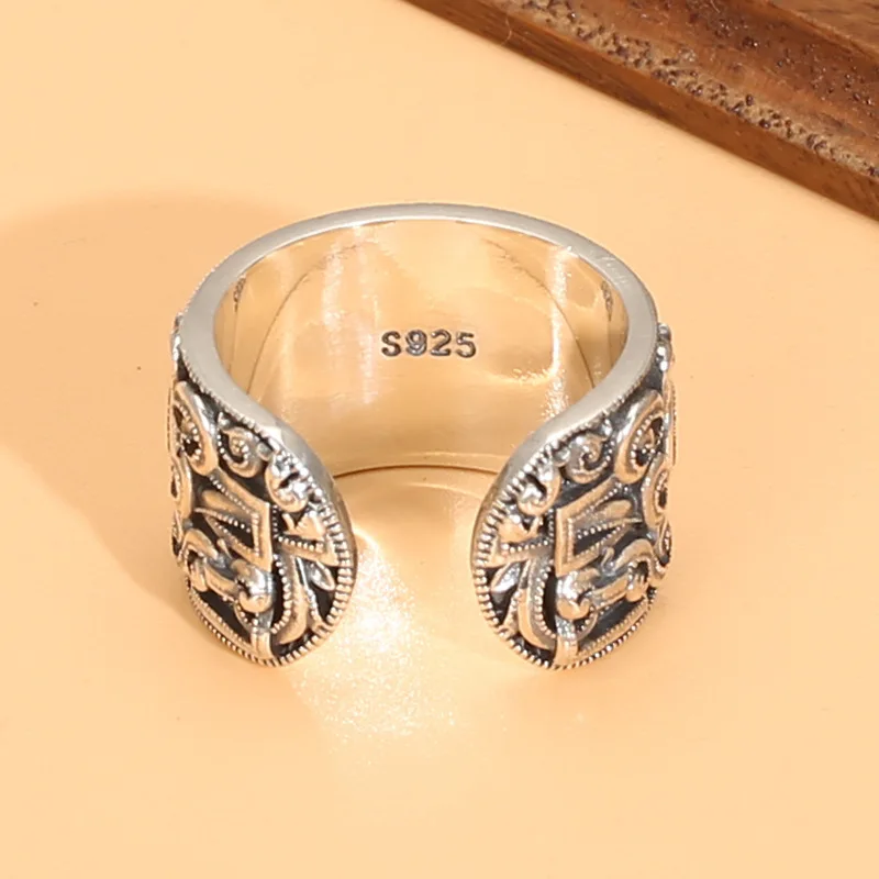 Mongolian longevity pattern open ring old silver personality fashion ring famous ethnic style men 925 vintage Thai silver