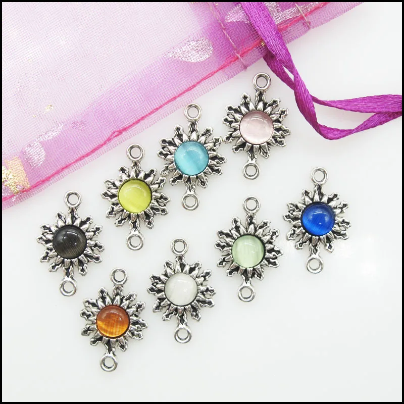 16 New Sun Flower Mixed Charms Round Stone Connectors Antique Silver Plated 13x20mm