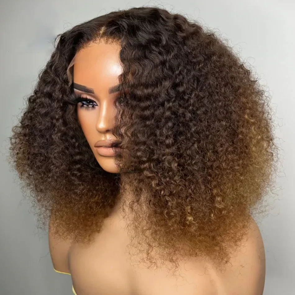 Kinky Curly Soft Lace Front Wig pour femmes noires, 26 "de long, Ombre, Blonde, Marron, Deep Lace Front Wig, Baby Hair, Pre-Plucked, Natural Hairline, 180Density